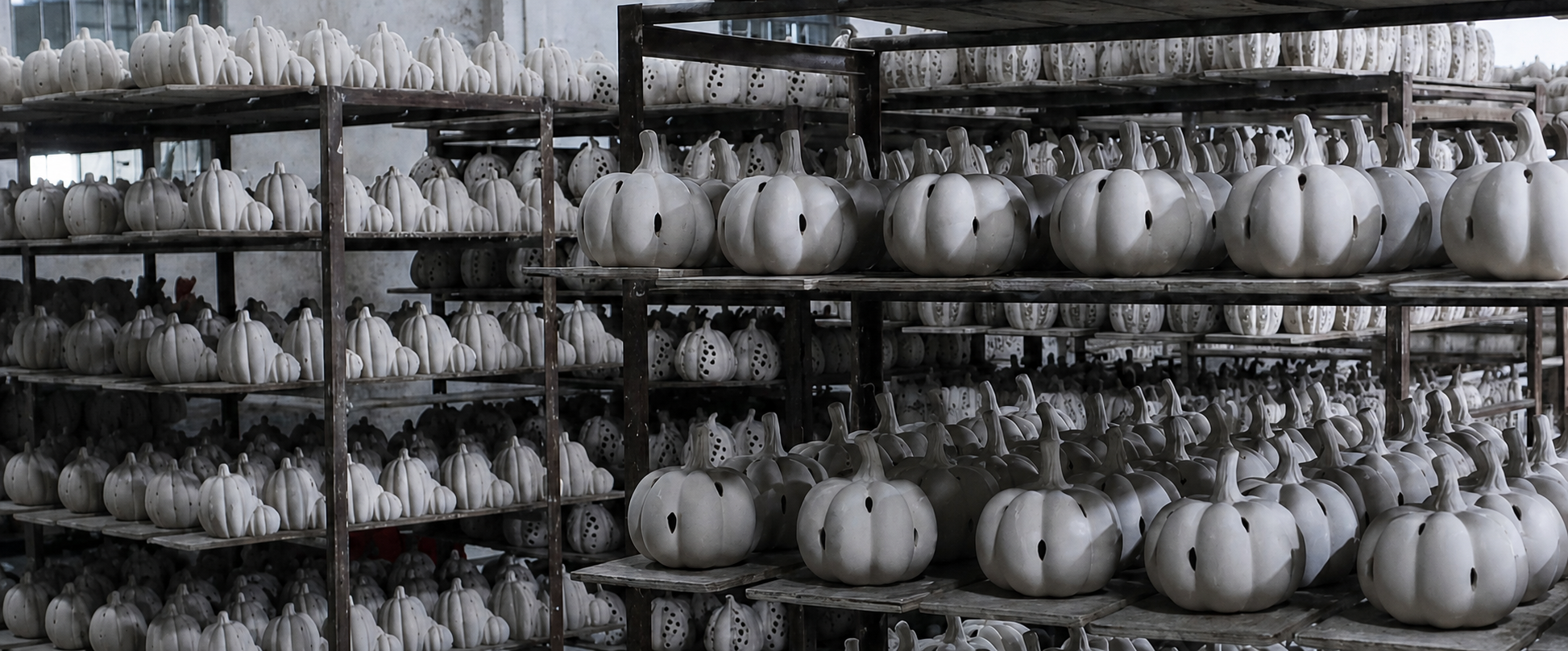 Warehouse pumpkins on wooden shelves — HallowCeramics