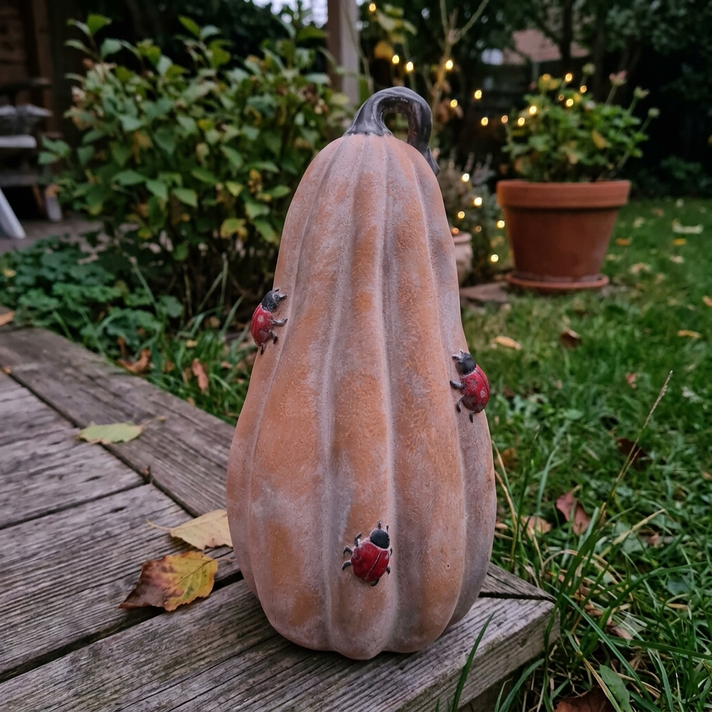 Lawn scene — ceramic pumpkin set on a lawn as a darker focal point