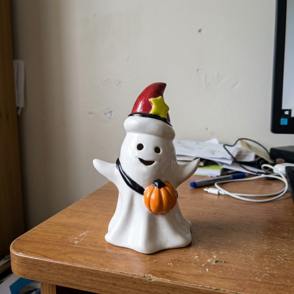 Console scene — small ceramic ghost styled on an entry console